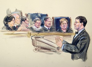 Former Michigan Solicitor General John Bursch making arguments to, from left, Justices Sonia Sotomayor, Stephen Breyer, Antonin Scalia, Ruth Bader Ginsburg, Samuel Alito Jr. and Elena Kagan. (Dana Verkouteren/AP)